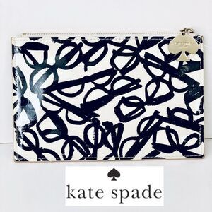 NWT Kate Spade Makeup Cosmetics Bag White Off Black Gold Logo Sunglasses Print
